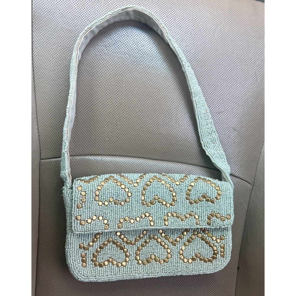Anthropologie Maeve Fiona Beaded Shoulder Bag Mint Gold Hearts Rare Y2K